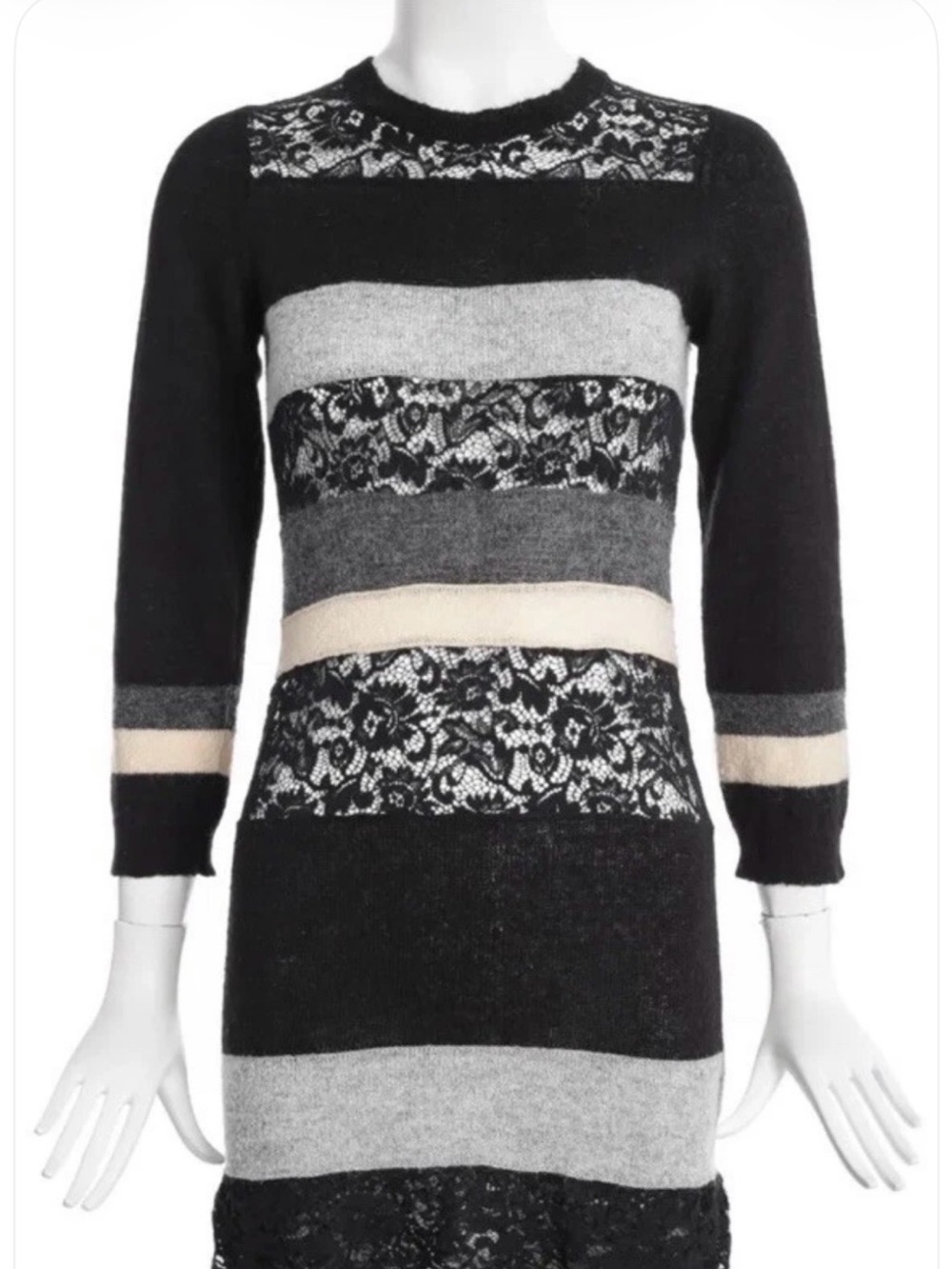 D&G Black, Gray & Cream Striped Lace-Accent Crew Dress